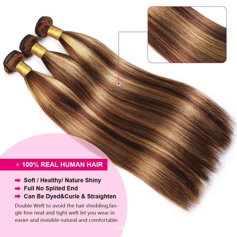 Hair Extensions and Wigs
Highlight P4/27 Hair Straight Blonde Bundles Brazilian Remy Hair Weaves Remy Human Hair Double Weft Honey Blonde 3 Bundles Hair