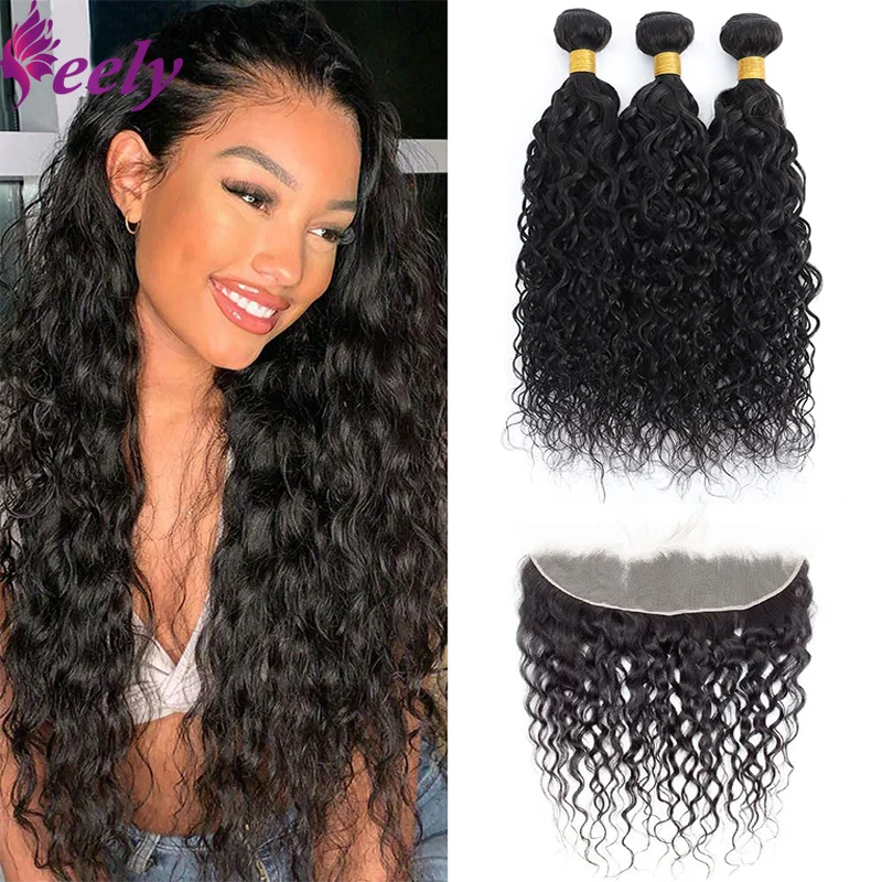 Hair Extensions and Wigs
Brazilian Virgin Water Wave 3 Bundles with Frontal Brazilian Remy Virgin Wet and Wavy Human Hair Bundles with Frontal For Black