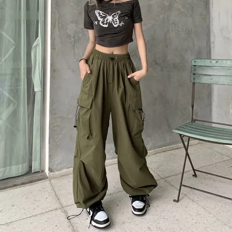 pants Women Casual Joggers Tech Pants Solid Low Waist Pants Drawstring Wide Leg Baggy Trousers Y2k Streetwear Oversize Sweatpants