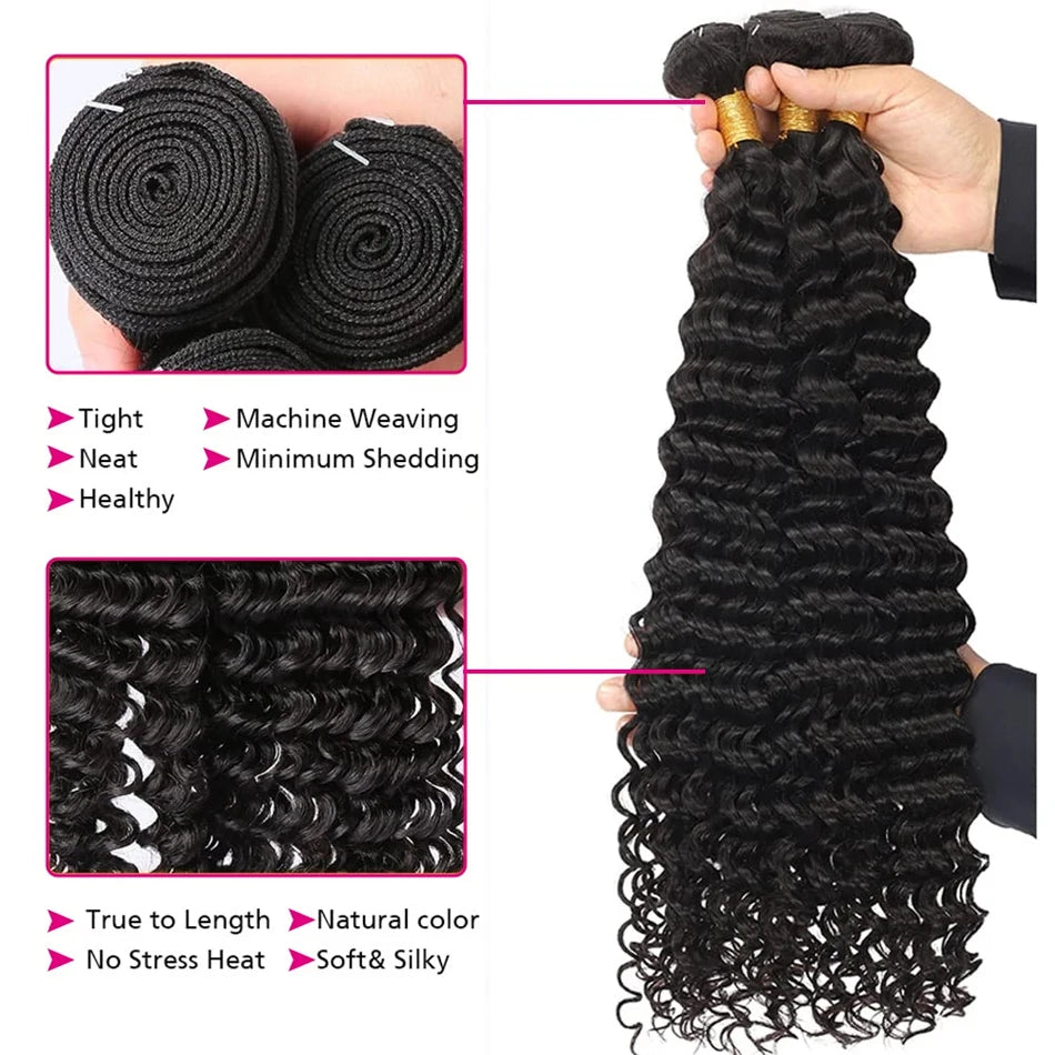 Hair Extensions and Wigs
Deep Wave Human Hair Bundles With 13x4 Transparent HD Lace Frontal Brazilian Extensions Weave 3 4 Bundles With Closure for Women