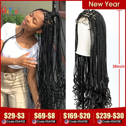 Hair Extensions and Wigs
36 Inches Braided Wigs Synthetic Lace Front Wigs with Baby Hair Braided Wigs with Water Wave for Black Women Long Braided Wig