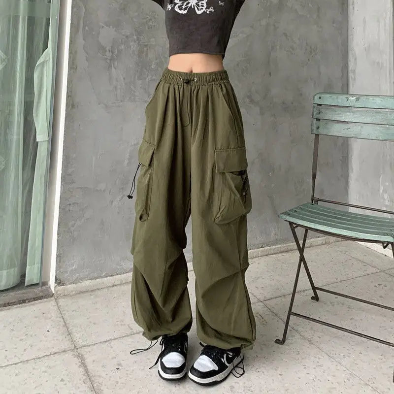 pants Women Casual Joggers Tech Pants Solid Low Waist Pants Drawstring Wide Leg Baggy Trousers Y2k Streetwear Oversize Sweatpants