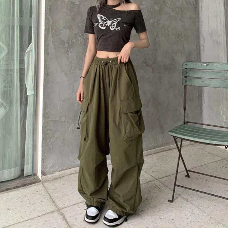 pants Women Casual Joggers Tech Pants Solid Low Waist Pants Drawstring Wide Leg Baggy Trousers Y2k Streetwear Oversize Sweatpants