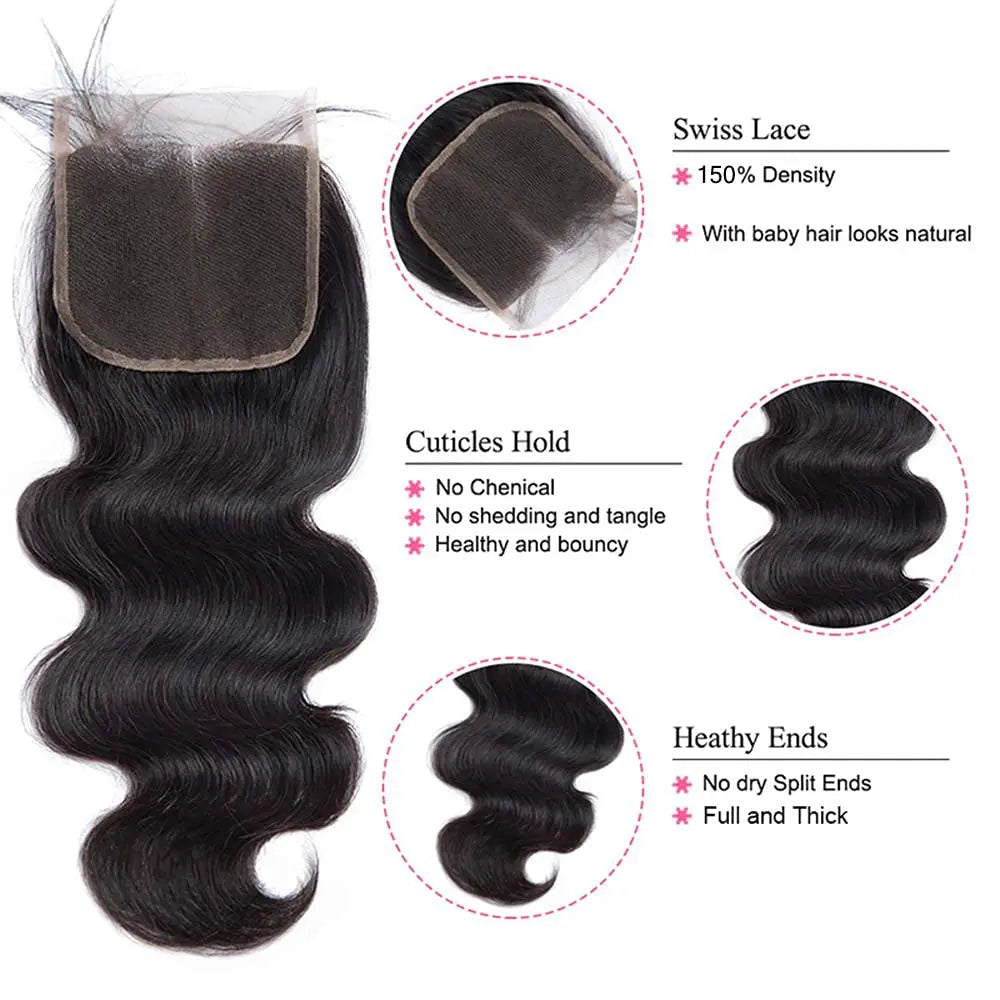 Hair Extensions and Wigs
Body Wave Bundles with Closure Brazilian Human Hair 3 Bundles with 4x4 HD Transparent Lace Closure Natural Color 3 Bundles Hair