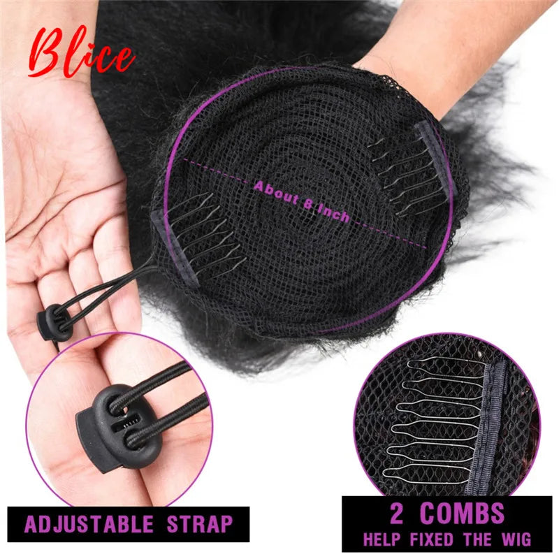 Hair Extensions and Wigs
Blice Drawstring Ponytail Warp Kinky Straight Synthetic Hairpiece With Two Combs clip in Black Hair Extensions For Women