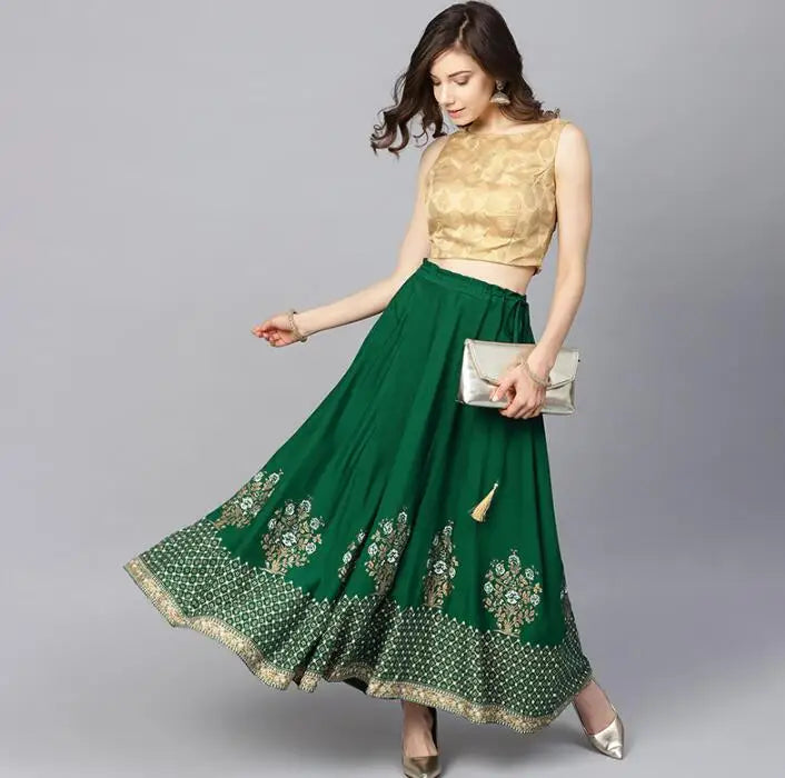 India and Pakistan Clothing 
 New Spring Summer India Sarees Costume Ethnic Style Kurtas Woman Performance Dance Green Cotton Leng Ha Skirt