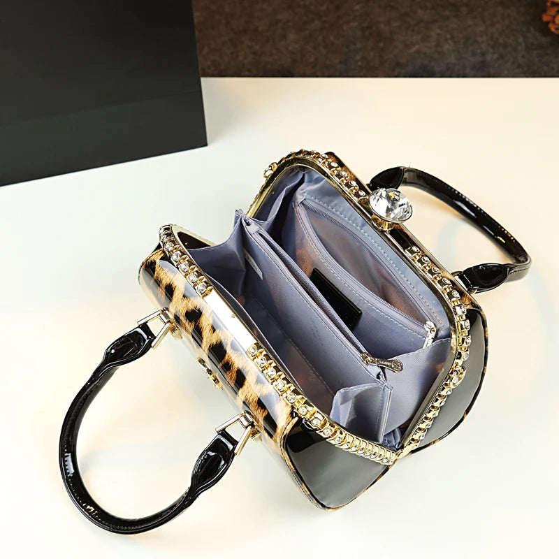 Handbags New Luxury Small Leopard Boston Messenger Bags for Women Leather Handbags Patent Leather Shoulder Clutch Top Handle Bag Evening