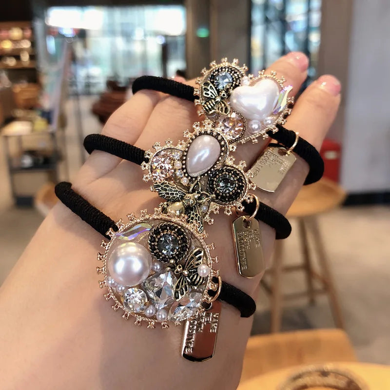 Elegant Look Korea Rhinestone Pearl Hair Accessories Elastic Hair Bands Luxury Colored Crystal Bow Hair Ties Ropes Ponytail Holders Wholesale