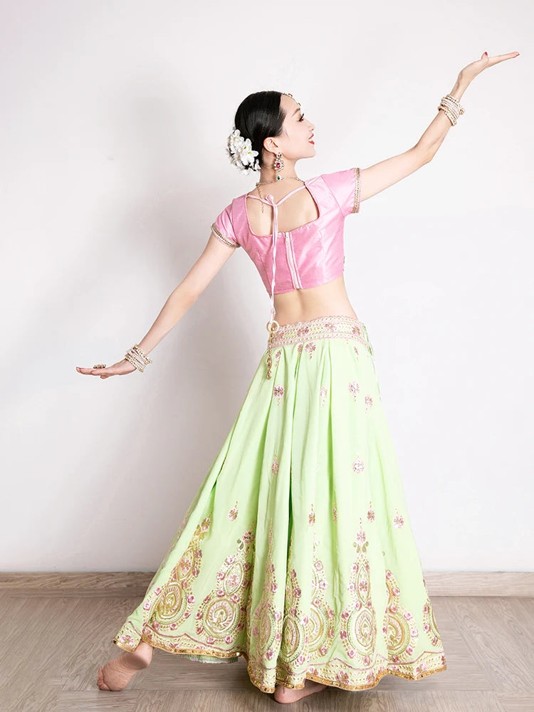 India and Pakistan Clothing 
Indian Traditional Clothing For Women Elegant Short Sleeve Pink Tops Green Skirt Sarees 3 Piece Suit Belly Dance Clothes DQL5876