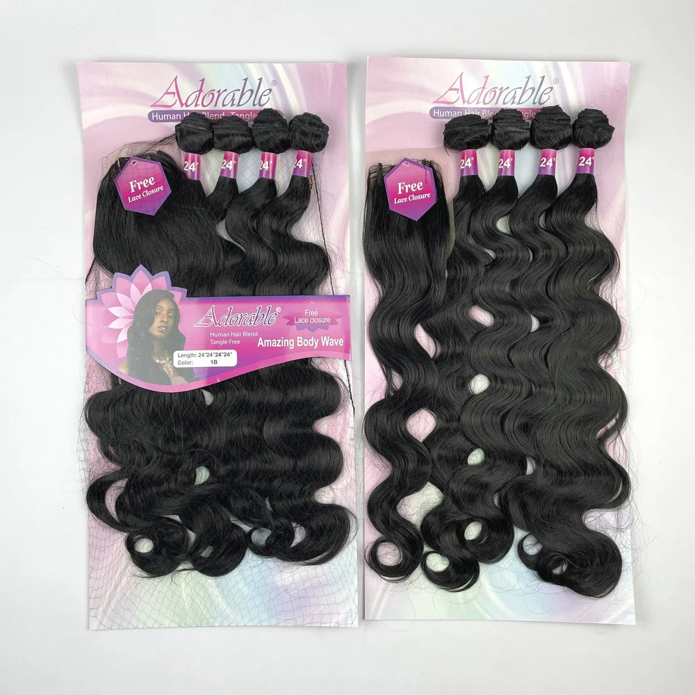 Hair Extensions and Wigs
Adorable Full Packet Solution Synthetic Hair Bundles With Free Machine Made 4*4 Lace Closure 24Inch Black Amazing Body Wave 4pcs