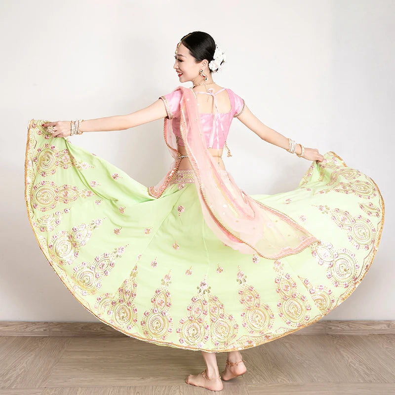 India and Pakistan Clothing 
Indian Traditional Clothing For Women Elegant Short Sleeve Pink Tops Green Skirt Sarees 3 Piece Suit Belly Dance Clothes DQL5876