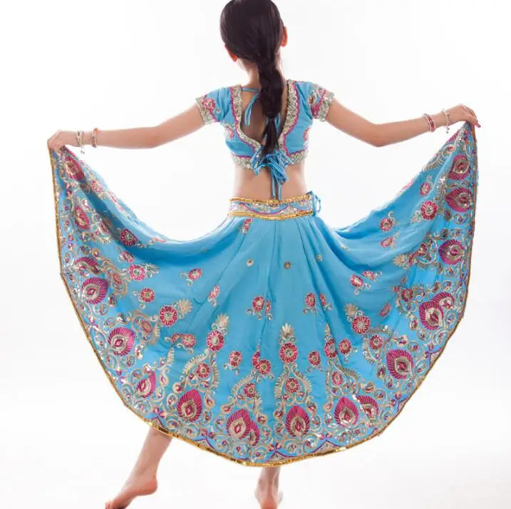 India and Pakistan Clothing 
India Dance Sarees For Girl Stage Performance Lehenga Choli Four Pieces Children  Embroideried Sets Top+Skirt+Pants+Scarf