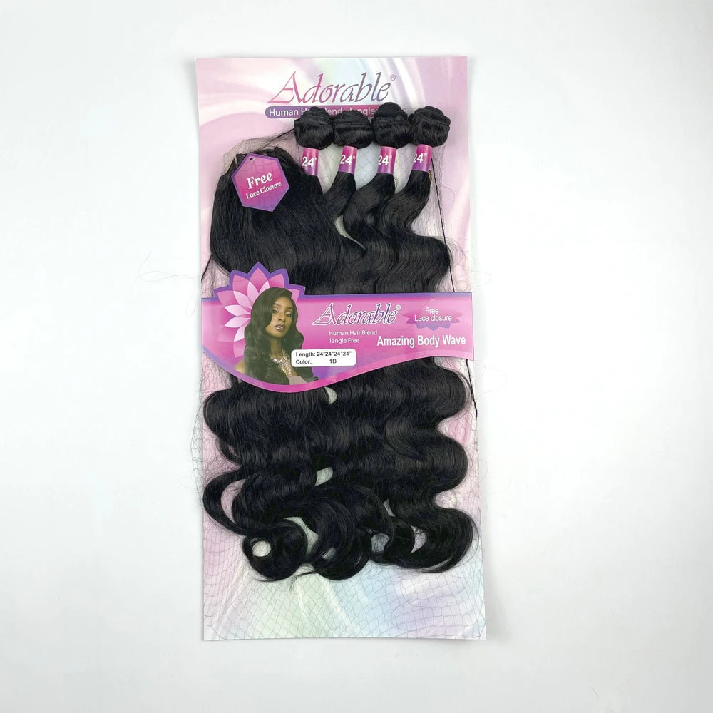 Hair Extensions and Wigs
Adorable Full Packet Solution Synthetic Hair Bundles With Free Machine Made 4*4 Lace Closure 24Inch Black Amazing Body Wave 4pcs