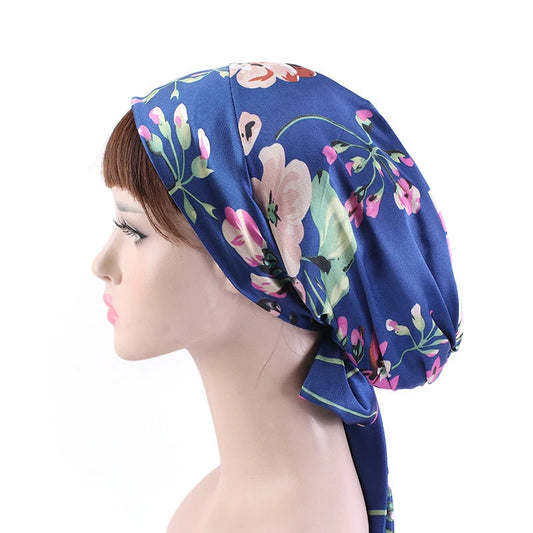 Elegant Look Silk Satin Women Night Cap Bowknot Sleep Hat Chemo Caps Hat Long Tail Hair Care Bonnet Head Scarf Wrap Bandana Cap Adjust