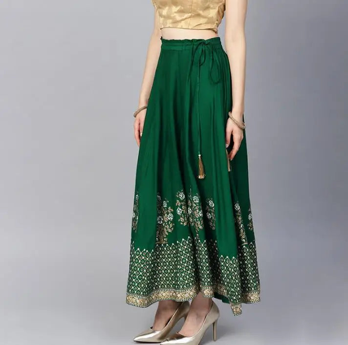 India and Pakistan Clothing 
 New Spring Summer India Sarees Costume Ethnic Style Kurtas Woman Performance Dance Green Cotton Leng Ha Skirt