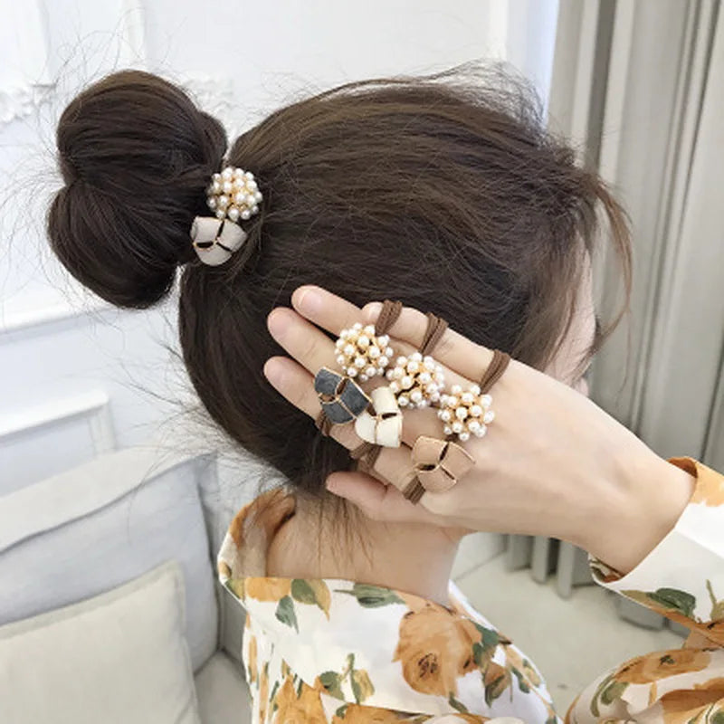 Elegant Look 1set New Korea Women luxury Crystal Pearl Hair rope Net Red Vintage Hair Rubber Band Girl Cute Ball hair tie Ring Adult hairband