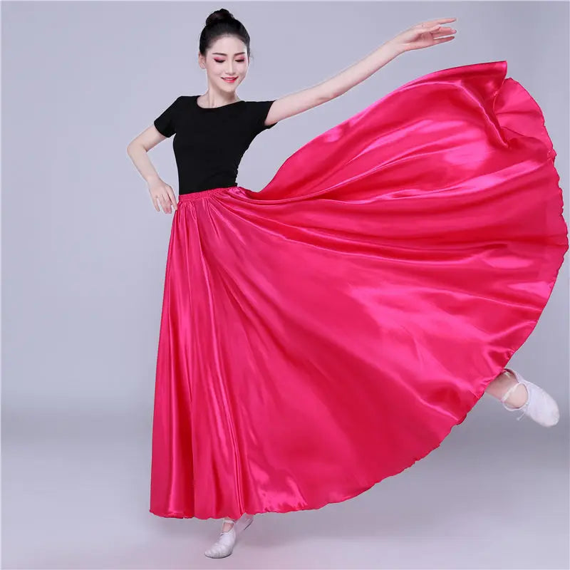 dancers  
360 Degree Satin Skirt Belly Dance Women Gypsy Long Skirts Dancer Practice Wear 15 Colors Assorted Solid Purple Gold Dance Skirt