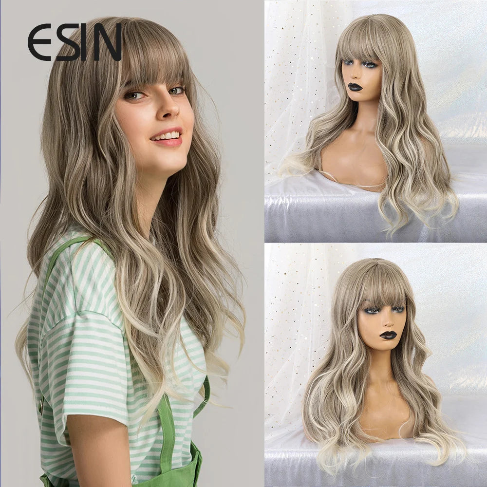 Hair Extensions and Wigs
ESIN Synthetic Hair Grey and Brown Ombre to Blonde Long Water Wave Wigs with Bangs Daily Natural Wig for Women Heat Resistant