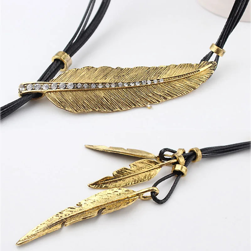 Necklaces Women New Bohemian Style Rope Chain Leaf Feather Pattern Pendant For Women Fine Jewelry Collares Statement Necklace EIG88