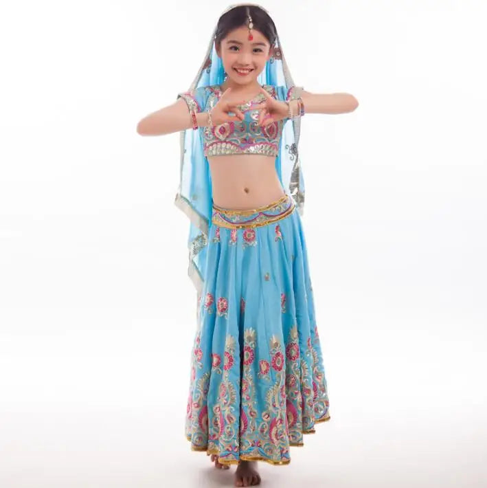 India and Pakistan Clothing 
India Dance Sarees For Girl Stage Performance Lehenga Choli Four Pieces Children  Embroideried Sets Top+Skirt+Pants+Scarf