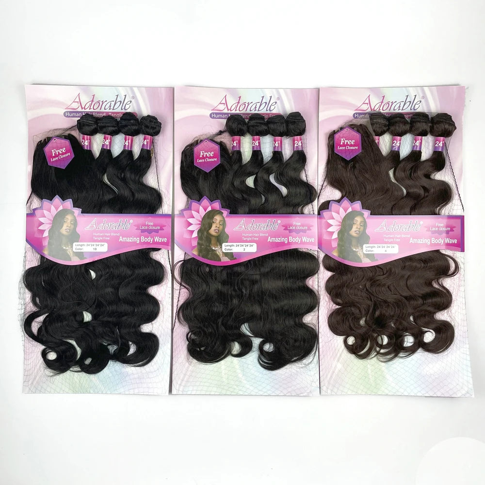 Hair Extensions and Wigs
Adorable Full Packet Solution Synthetic Hair Bundles With Free Machine Made 4*4 Lace Closure 24Inch Black Amazing Body Wave 4pcs