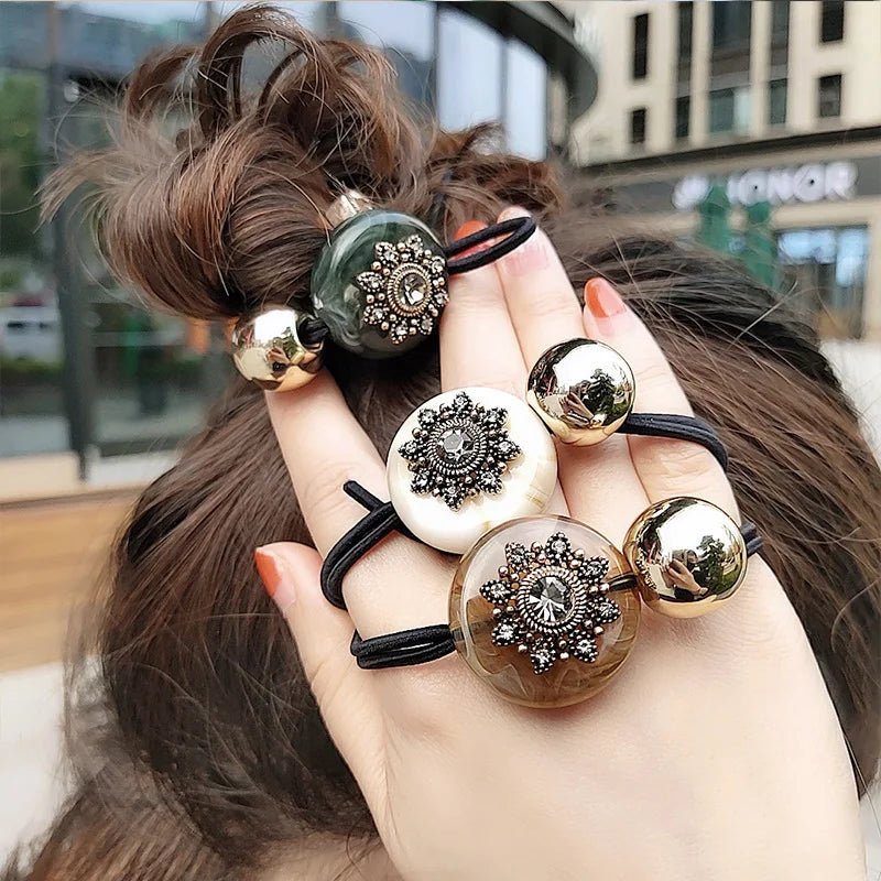 Elegant Look Korea Rhinestone Pearl Hair Accessories Elastic Hair Bands Luxury Colored Crystal Bow Hair Ties Ropes Ponytail Holders Wholesale