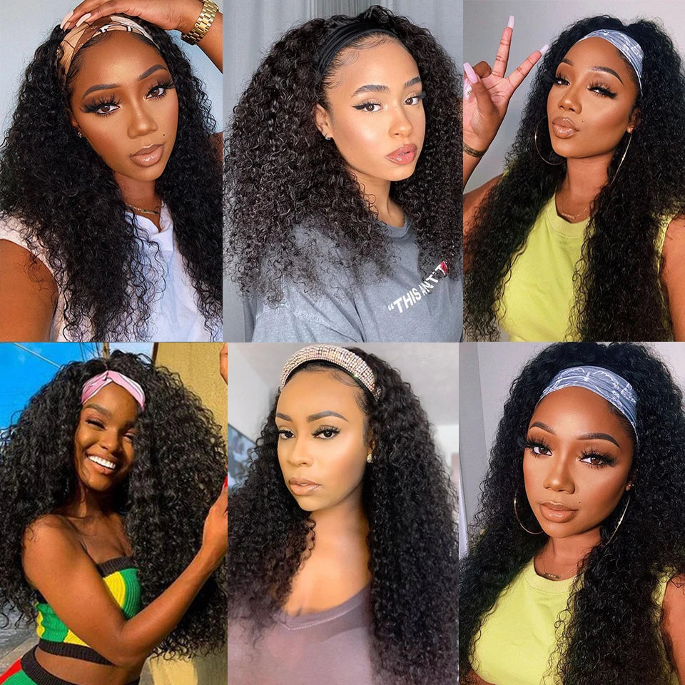 Hair Extensions and Wigs
Kinky Curly Wave Headband Wig Human Hair Brazilian Full Machine Made Natural Color Remy Hair Wigs For Black Women 150% Density