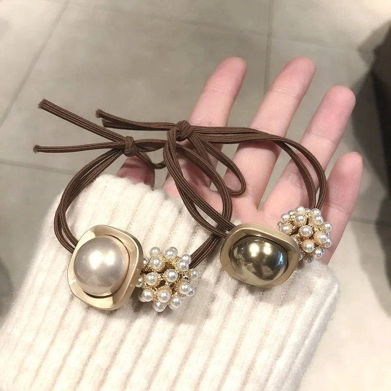 Elegant Look 1set New Korea Women luxury Crystal Pearl Hair rope Net Red Vintage Hair Rubber Band Girl Cute Ball hair tie Ring Adult hairband