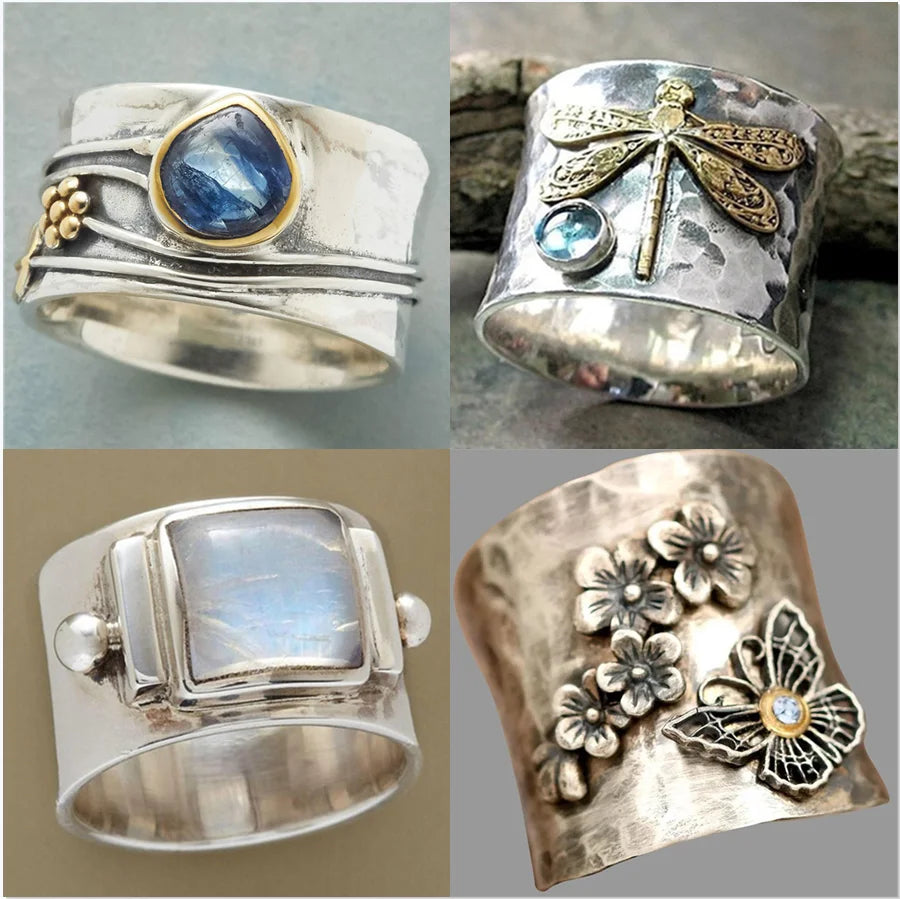 Luxury  Rings New Retro Dragonfly Ring Moonstone Magpie Bee Animal Flower Men's And Women's Luxurious Wedding Banquet Lovely Thai Jewelry