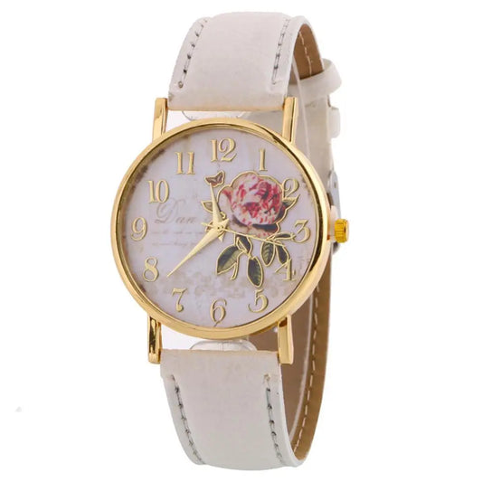 Women Watch Rose Flower Round Dia Watch Women Elegant Watches Faux Leather Band Arabic Number Quartz Wristwatch Montre Femme Christmas Gift