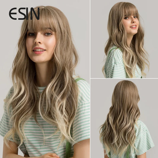 Hair Extensions and Wigs
ESIN Synthetic Hair Grey and Brown Ombre to Blonde Long Water Wave Wigs with Bangs Daily Natural Wig for Women Heat Resistant