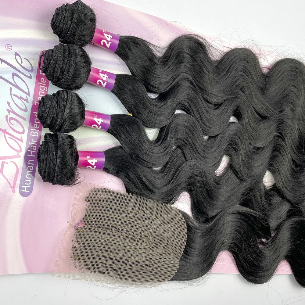 Hair Extensions and Wigs
Adorable Full Packet Solution Synthetic Hair Bundles With Free Machine Made 4*4 Lace Closure 24Inch Black Amazing Body Wave 4pcs