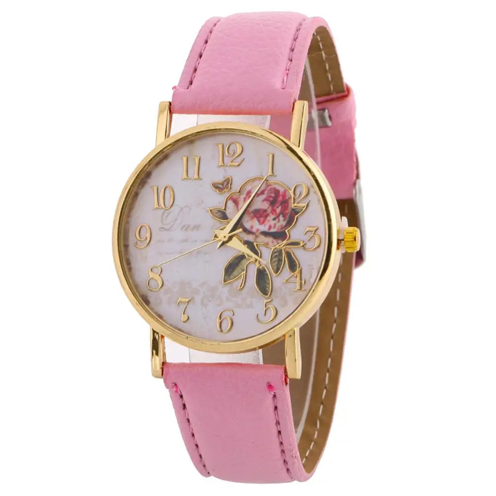 Women Watch Rose Flower Round Dia Watch Women Elegant Watches Faux Leather Band Arabic Number Quartz Wristwatch Montre Femme Christmas Gift