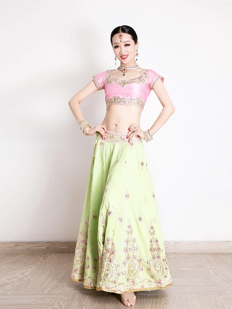 India and Pakistan Clothing 
Indian Traditional Clothing For Women Elegant Short Sleeve Pink Tops Green Skirt Sarees 3 Piece Suit Belly Dance Clothes DQL5876