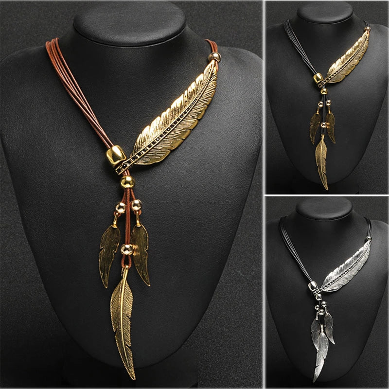 Necklaces Women New Bohemian Style Rope Chain Leaf Feather Pattern Pendant For Women Fine Jewelry Collares Statement Necklace EIG88