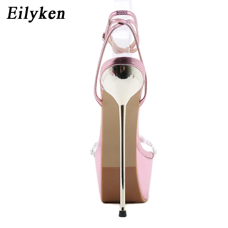 WOMEN SANDALS  Pink Sweet Ankle Buckle Strap Women's Sandals PVC Transparent Crystal Platform Summer Fashion High Heels Wedding Shoes