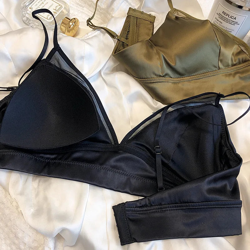 bras
Only A Bra, Silk Wire Free Bralette, Smooth Satin Silk Pad Underwear, Thin  Women Sexy The Triangle Cup Intimate Comfortable