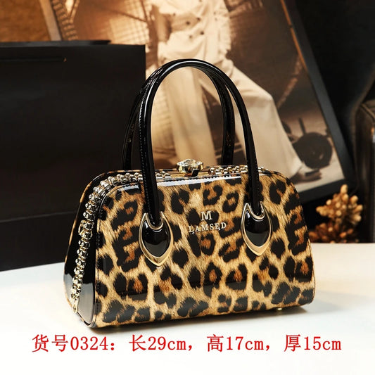 Handbags New Luxury Small Leopard Boston Messenger Bags for Women Leather Handbags Patent Leather Shoulder Clutch Top Handle Bag Evening