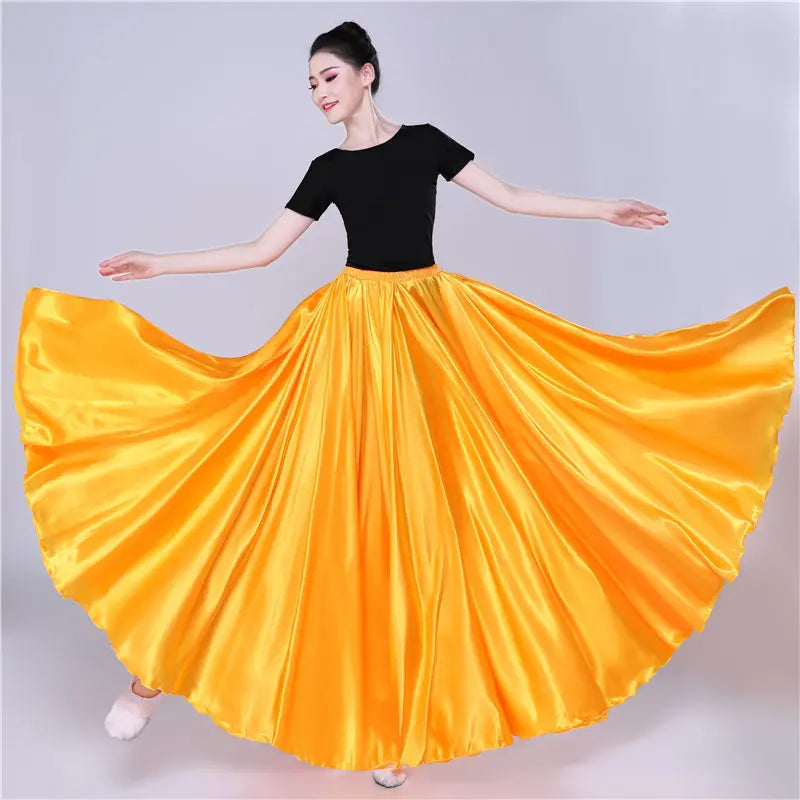 dancers  
360 Degree Satin Skirt Belly Dance Women Gypsy Long Skirts Dancer Practice Wear 15 Colors Assorted Solid Purple Gold Dance Skirt