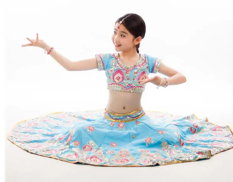 India and Pakistan Clothing 
India Dance Sarees For Girl Stage Performance Lehenga Choli Four Pieces Children  Embroideried Sets Top+Skirt+Pants+Scarf