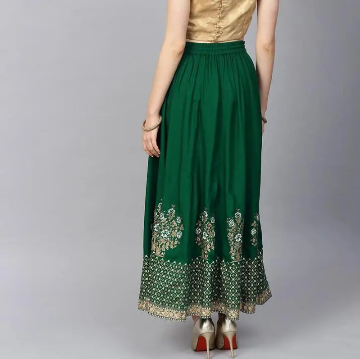 India and Pakistan Clothing 
 New Spring Summer India Sarees Costume Ethnic Style Kurtas Woman Performance Dance Green Cotton Leng Ha Skirt