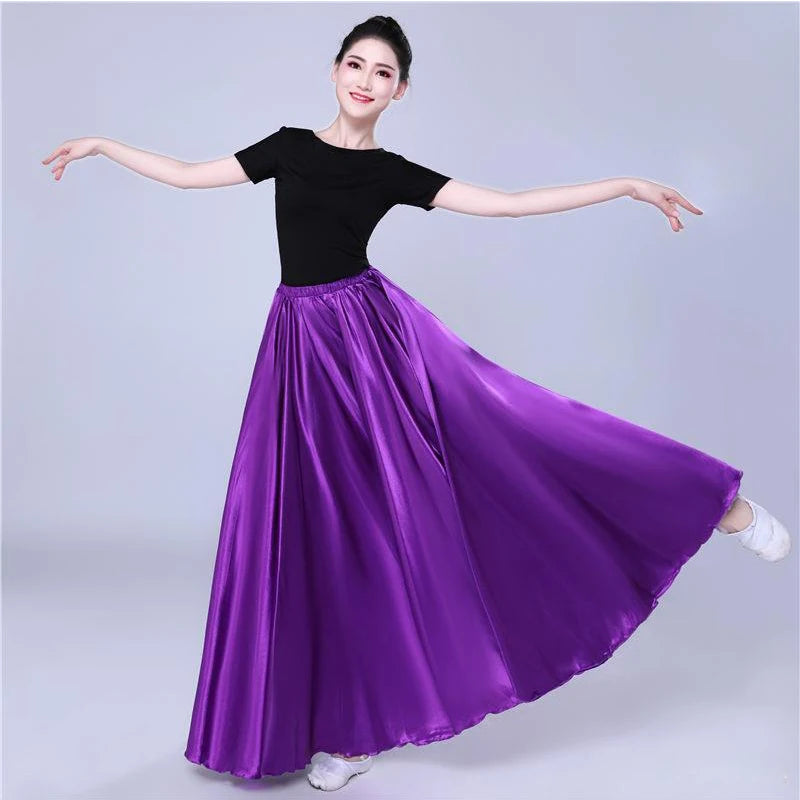 dancers  
360 Degree Satin Skirt Belly Dance Women Gypsy Long Skirts Dancer Practice Wear 15 Colors Assorted Solid Purple Gold Dance Skirt