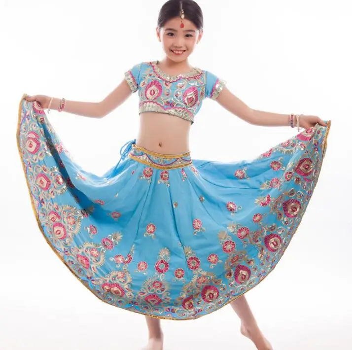 India and Pakistan Clothing 
India Dance Sarees For Girl Stage Performance Lehenga Choli Four Pieces Children  Embroideried Sets Top+Skirt+Pants+Scarf