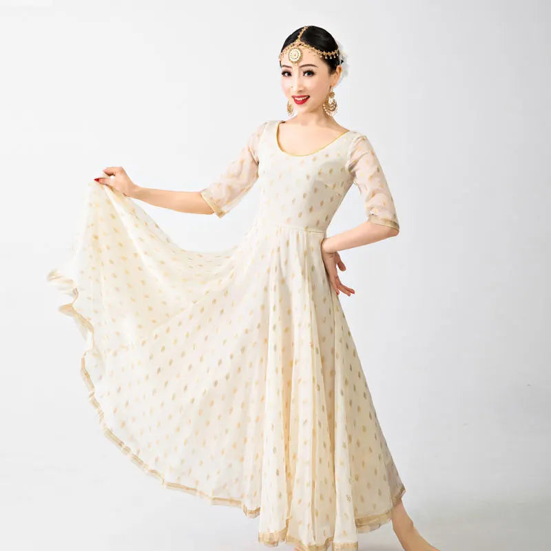 India and Pakistan Clothing 
India Sarees For Woman Anna Dancing Performance Khattak Beige Dress Beautiful Ethnic Style Silk Bronzing India Dress