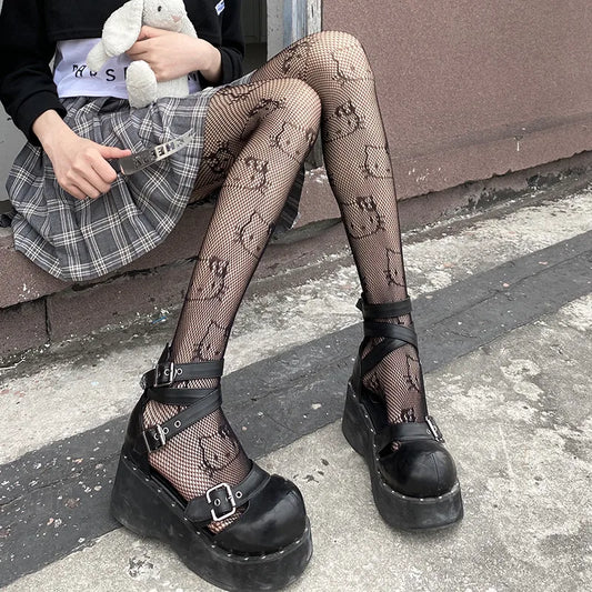 Tights 
Harajuku Tattoos Tights Kawaii Cat Pattern Fishnet Stockings Cute Lovely Bow Nylon Pantyhose Ins Style Anime Cosplay Hosiery