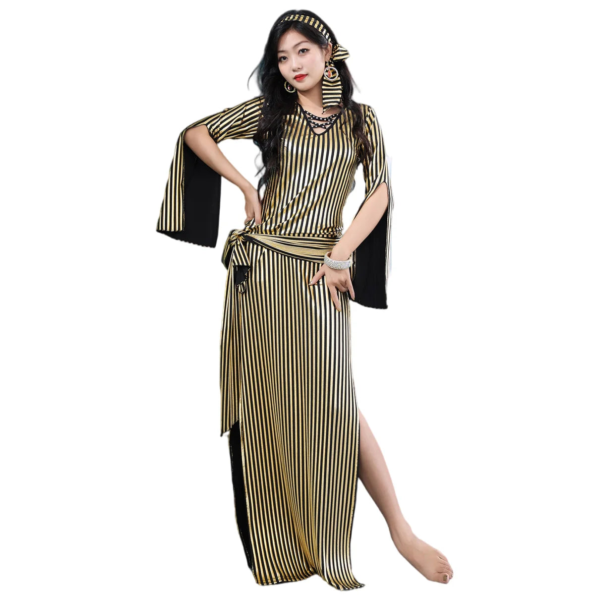 dancers  
Belly Dance Nancy Galabeya Dress Costume Stretchy Baladi Saidi Handmade Egypt Outfit Long Slit Gold Strip for Dancer Performance