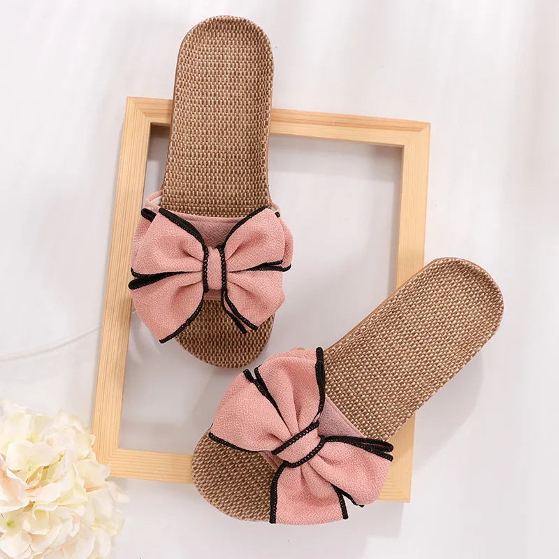 Flat Shoes Women Sneakers For Home Slippers Summer Bow-knot Soft Floor Woman Indoor Flats Shoes Cute Linen Slipper Terlik