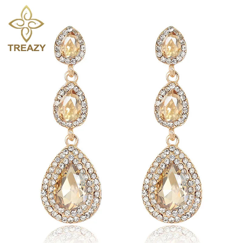 Earring  TREAZY Luxury Champagne Crystal Earrings Gold Color Jewelry Fashion Female Bricons Wedding Long Big Drop Earrings For Women