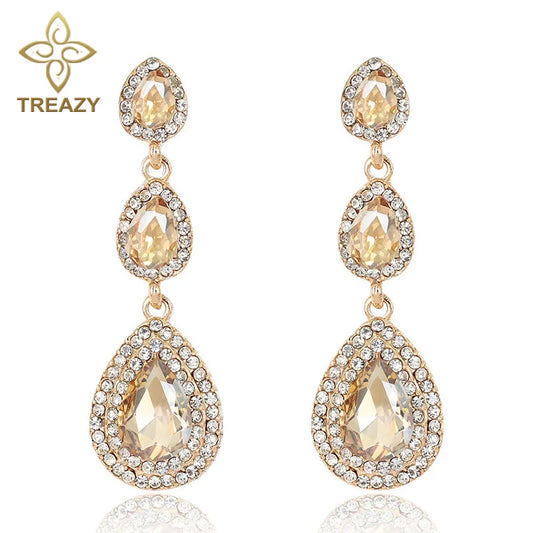 Earring  TREAZY Luxury Champagne Crystal Earrings Gold Color Jewelry Fashion Female Bricons Wedding Long Big Drop Earrings For Women