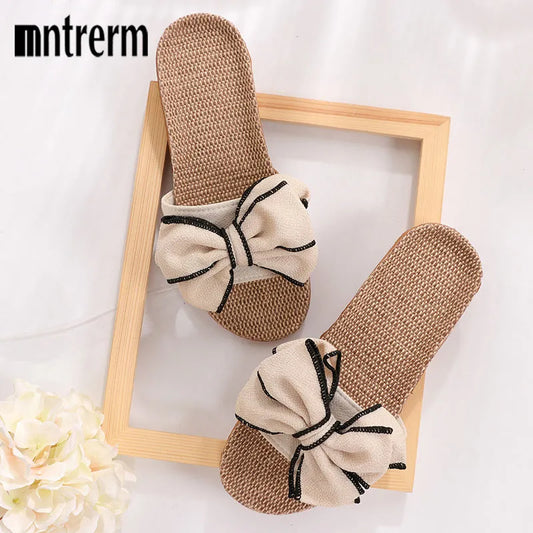 Flat Shoes Women Sneakers For Home Slippers Summer Bow-knot Soft Floor Woman Indoor Flats Shoes Cute Linen Slipper Terlik